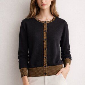 Golden Line 100% Wool Cardigan Black Brown Striped Trim XXS XS Women Button Up